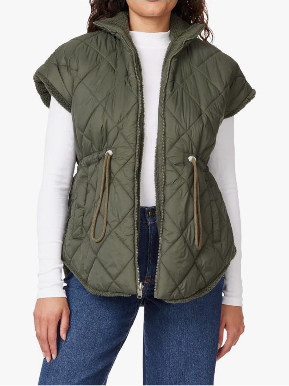 Kensie Quilted Olive Green Short-Sleeve Puffer Vest